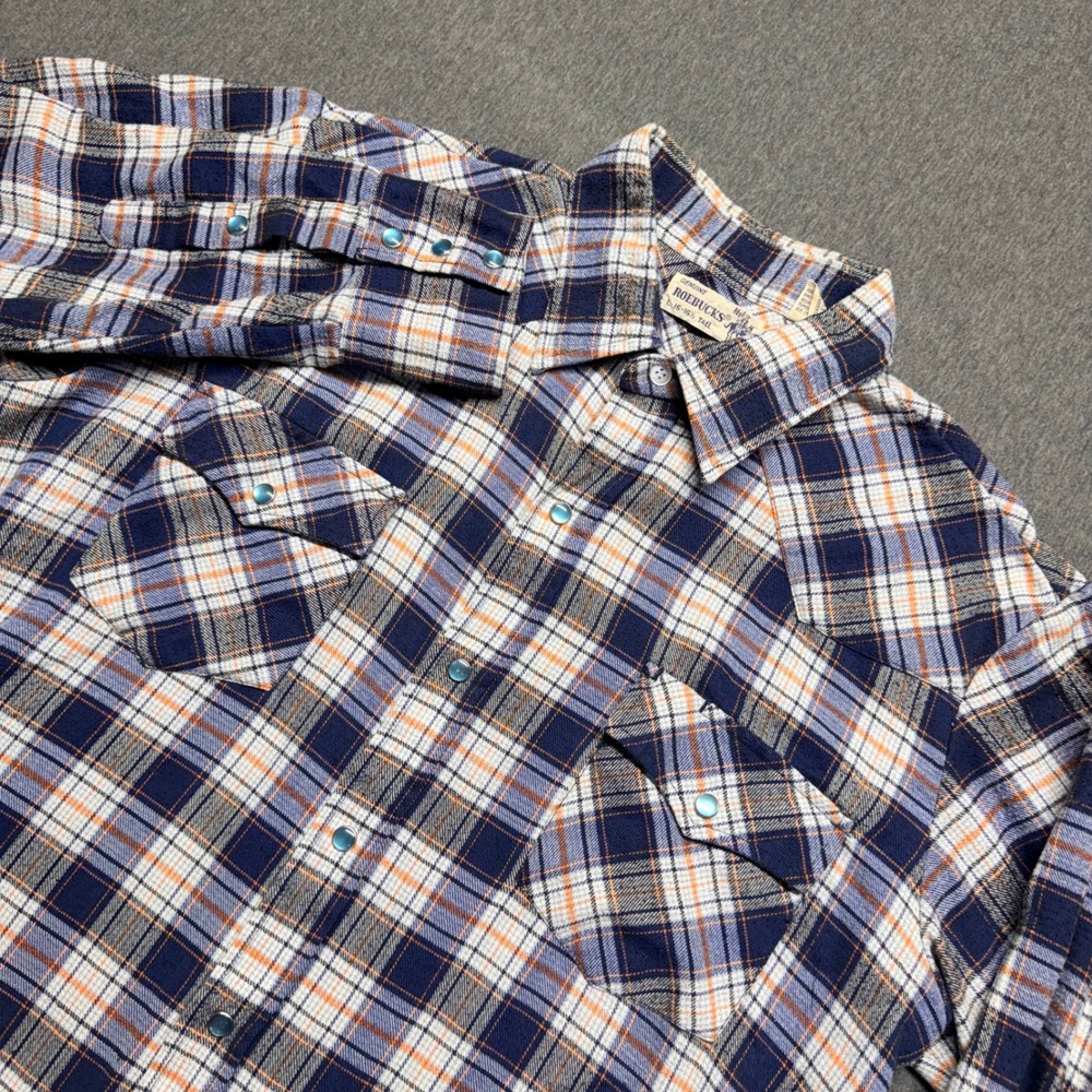 Roebucks Mens Blue Orange Plaid Western Pearl Snap Flannel Shirt Large Tall